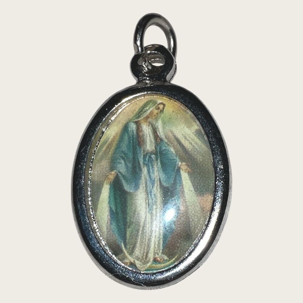 Virgin Mary Miraculous Medal Religious Pendant Silver Tone 1.5”